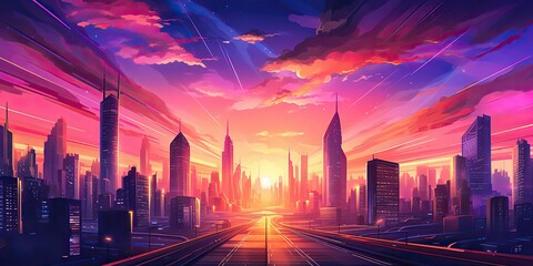 Fototapeta premium AI Generated. AI Generative. Vintage retro pink purple vaporwave synthwave city town buildings cityscape background at sunset. Graphic Art