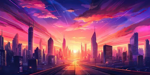 Gordijnen AI Generated. AI Generative. Vintage retro pink purple vaporwave synthwave city town buildings cityscape background at sunset. Graphic Art © AkimD