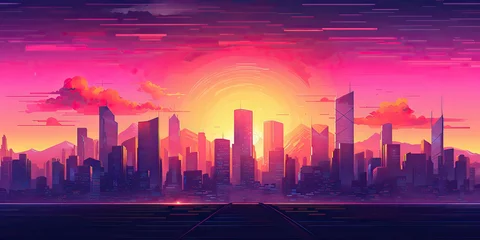 Cercles muraux Roze AI Generated. AI Generative. Vintage retro pink purple vaporwave synthwave city town buildings cityscape background at sunset. Graphic Art