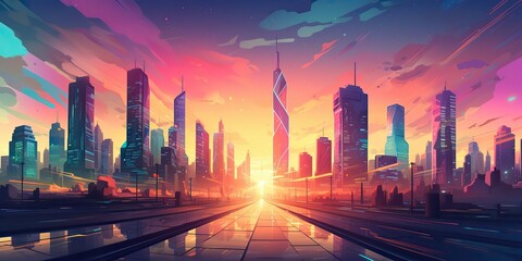 Fototapeta premium AI Generated. AI Generative. Vintage retro pink purple vaporwave synthwave city town buildings cityscape background at sunset. Graphic Art