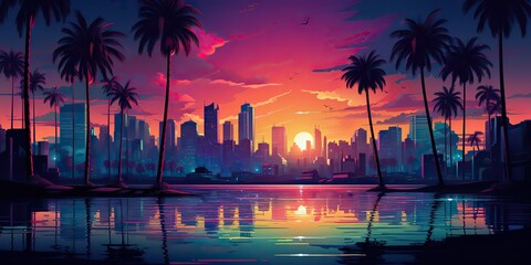 Obraz premium AI Generated. AI Generative. Vintage retro pink purple vaporwave synthwave city town buildings cityscape background at sunset. Can be used for graphic design inspiration