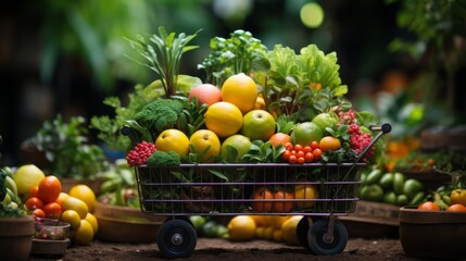 Abundance of fresh organic produce in one cart. Wagon filled with fruit and vegetables from the cultivation.