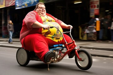 Super obese man riding tricycle. Generative AI