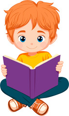 Cute boy reading a book clip art isolated on transparent background. Cartoon illustration AI generative