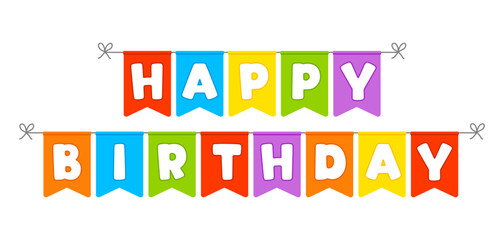 Happy Birthday flags. Party invitation with color garland.