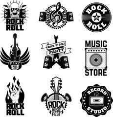 Set of rock music labels, badges and design elements. Design element for logo, label, emblem, sign. Vector design element