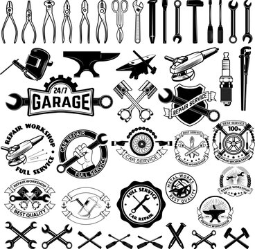 Set of repair, service workshop labels and design elements. Vector elements for logo, label, emblem, badge, sign.