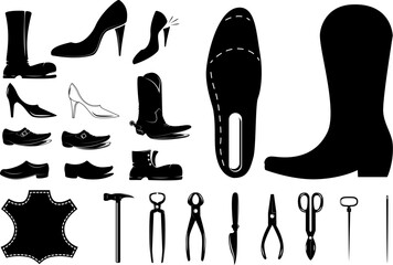 Shoes repair design elements. Leather workshop. Set of shoemaker tools.  Design element for logo, label, emblem, sign. Vector design element - obrazy, fototapety, plakaty