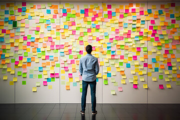 A picture of man standing in front of a wall covered in sticky notes, back view, creative concept of strategic business planning, organization of thinking.