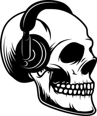 Skull in headphones. It's party time! Design element in vector.