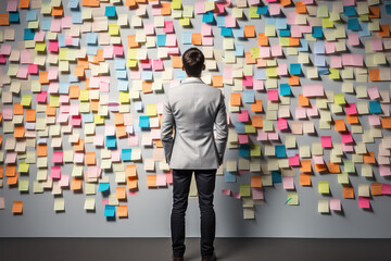 A picture of man standing in front of a wall covered in sticky notes, back view, creative concept of strategic business planning, organization of thinking.  - Powered by Adobe