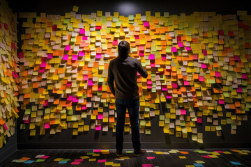 A picture of man standing in front of a wall covered in sticky notes, back view, creative concept of strategic business planning, organization of thinking. 
