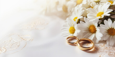 Wedding ring with daisy flowers, minimal banner template, top view, copy space. 