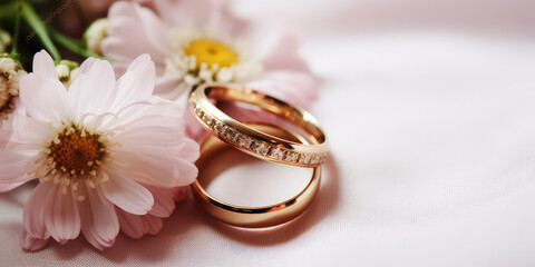 Wedding ring with daisy flowers, minimal banner template, top view, copy space. 
