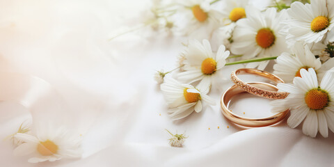 Fototapeta na wymiar Wedding ring with daisy flowers, minimal banner template, top view, copy space. 