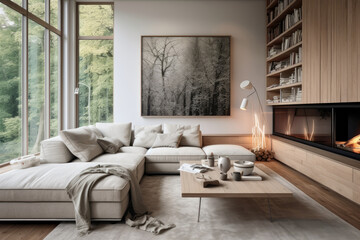 Modern style interior living room warm Scandinavian and cozy with wooden decoration, Cozy beige tone stylish, furniture, comfortable bed, Minimal decor design background.
