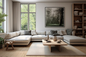 Fototapeta na wymiar Modern style interior living room warm Scandinavian and cozy with wooden decoration, Cozy beige tone stylish, furniture, comfortable bed, Minimal decor design background.