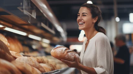 Foto op Plexiglas person in a  in the supermarket buy bread, cheerful © Катя Мова