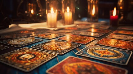 tarot cards on table with candles, fortune teller, Fortune teller reading cards - obrazy, fototapety, plakaty