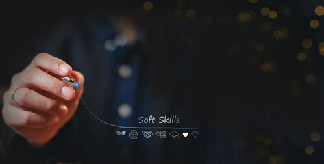 Concept of Soft skills talent. Job hiring and career search for. Self motivation, development, improvement and achievement. Soft skill strategy ability analysis. Growth mind set of employee. Team work