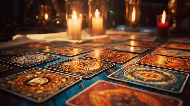 tarot cards on table with candles, fortune teller, Fortune teller reading cards - Powered by Adobe