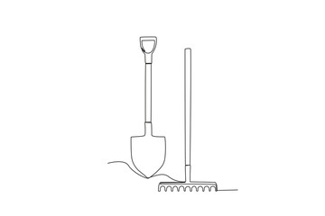 A shovel and rake for gardening. Farm tools one-line drawing