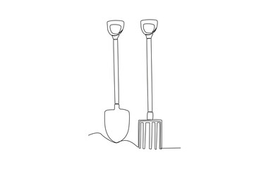A shovel and a ground fork. Farm tools one-line drawing