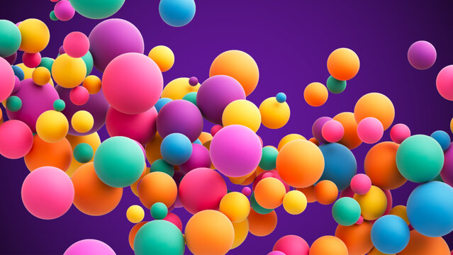 Colorful rainbow matte soft balls in different sizes. Abstract composition with many colorful random flying spheres. Vector background