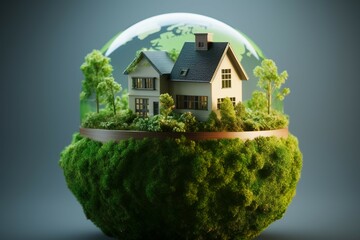 A house on Earth with green grass signifies real estate investment - obrazy, fototapety, plakaty