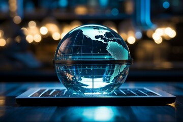 A laptop under a glass globe signifies a tech driven global business approach