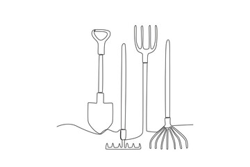 A set of gardening tools. Farm tools one-line drawing