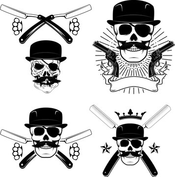 Set of  gangsta skulls isolated on white background. Design element for t-shirt print, poster, sticker. Vector illustration.