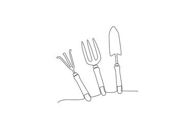 Illustration of three mini garden tools. Farm tools one-line drawing