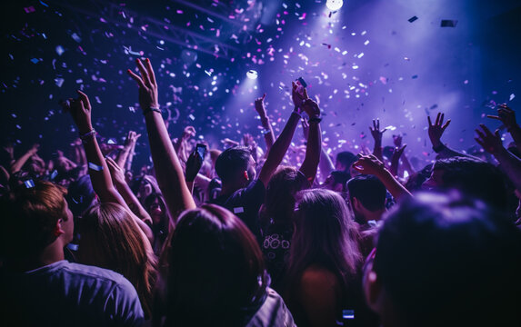 Close up photo of many party people dancing purple lights confetti flying everywhere nightclub event hands raised up wear shiny 