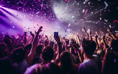 Fototapeta na wymiar Close up photo of many party people dancing purple lights confetti flying everywhere nightclub event hands raised up wear shiny 