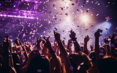 Fototapeta na wymiar Close up photo of many party people dancing purple lights confetti flying everywhere nightclub event hands raised up wear shiny 