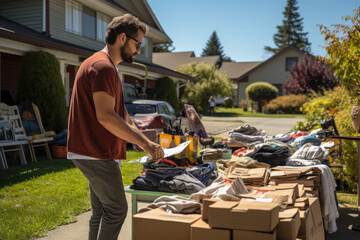 A person documents a community garage sale where neighbors sell and exchange items, promoting sustainability and neighborly interactions. Generative Ai.