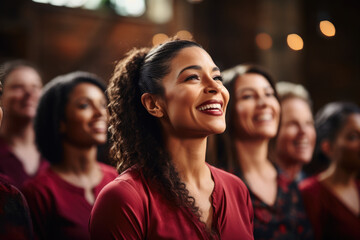 A community choir rehearses in a communal space, creating harmonious music while forging connections through their shared passion for singing. Generative Ai.