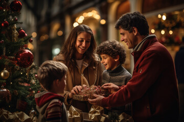 A family gathers around a beautifully decorated Christmas tree, exchanging gifts and embracing the cherished tradition of holiday morning surprises. Generative Ai.