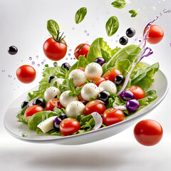 A white plate with salad and floating in the air ingredients: olives, lettuce, onion, tomato, mozzarella cheese, parsley, basil and olive oil. Vegetarian menu. Generative Ai.