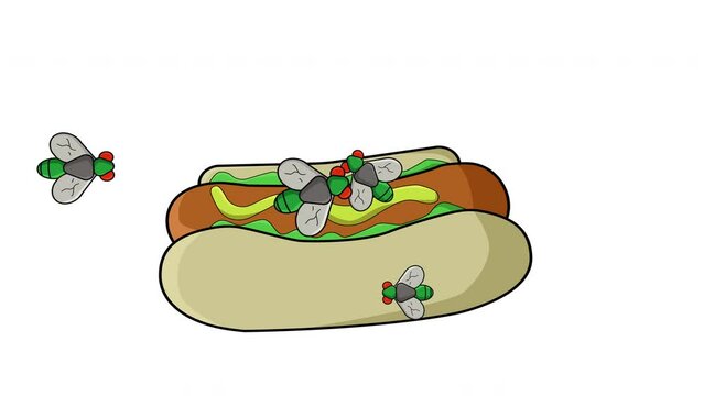 Animation of a hot dog surrounded by flies
