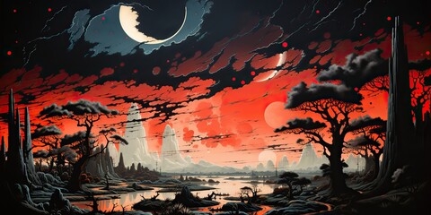 AI Generated. AI Generative. Nature outdoor psychedelic landscape with forest mountins and lake. Unreal future planet adventure vacation. Game or movie concept inspiration