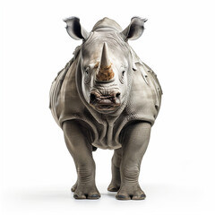 Photo of a rhinoceros standing against a blank white backdrop