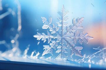 A close-up captures the intricate details of a snowflake resting on a windowsill, showcasing the delicate textures and crystalline beauty of winter. Generative Ai.