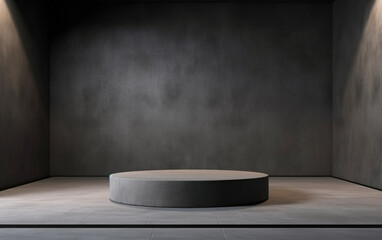 Dark grey concrete exhibition room interior with podium and empty mockup place. Mock up, 3D Rendering