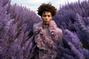 gender-fluid individual in a lavender outfit strikes a pose