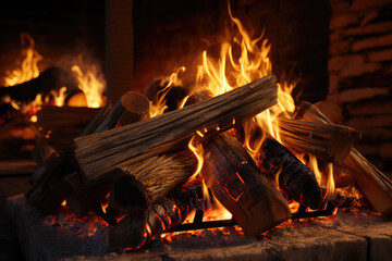 The texture of a crackling fireplace is captured as logs burn and flames dance, exuding warmth and coziness during the chilly season. Generative Ai.