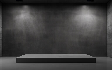 Obraz premium Dark grey concrete exhibition room interior with podium and empty mockup place. Mock up, 3D Rendering