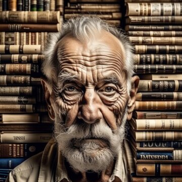 An Elderly Man Among A Huge Number Of Books.