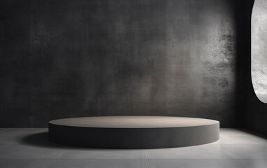Dark grey concrete exhibition room interior with podium and empty mockup place. Mock up, 3D Rendering